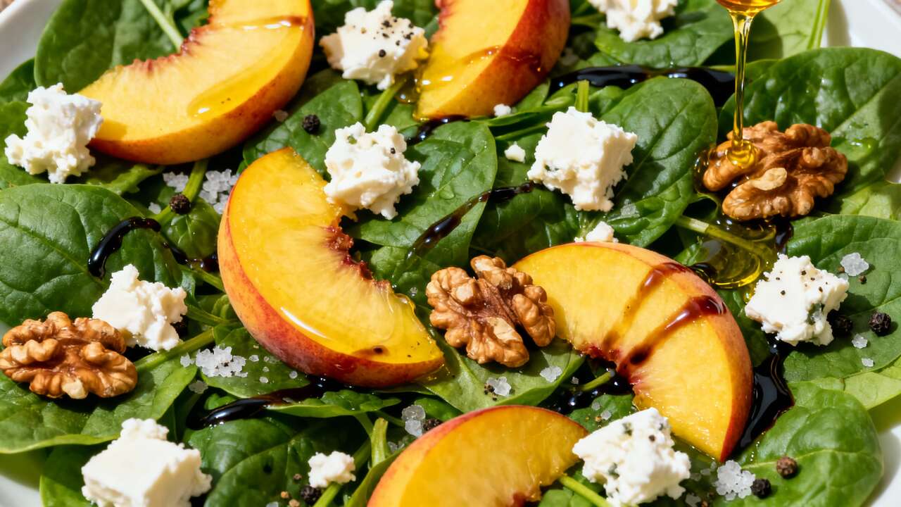 Ricetta insalata di spinaci crudi con pesche, noci e feta