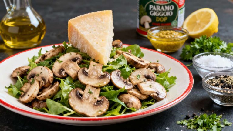 Insalata veloce di funghi champignon e parmigiano con senape: pronta in 10 minuti
