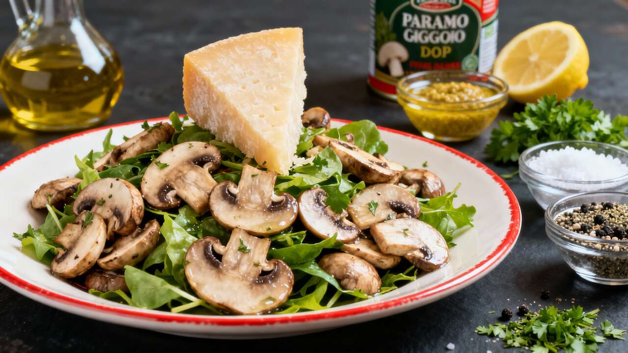 Insalata veloce di funghi champignon e parmigiano con senape: pronta in 10 minuti