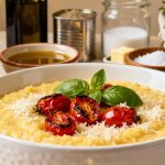 Prova la polenta cremosa al parmigiano con pomodori arrostiti e basilico: alternativa perfetta alla pasta