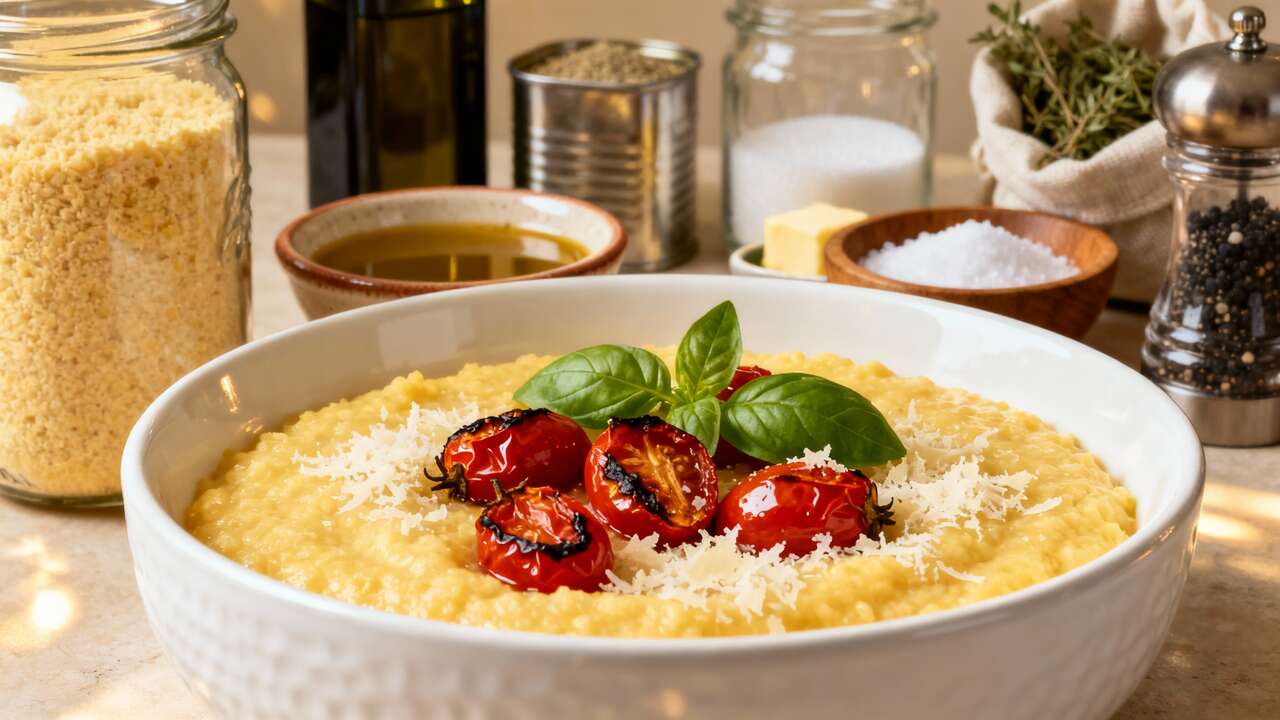 Prova la polenta cremosa al parmigiano con pomodori arrostiti e basilico: alternativa perfetta alla pasta